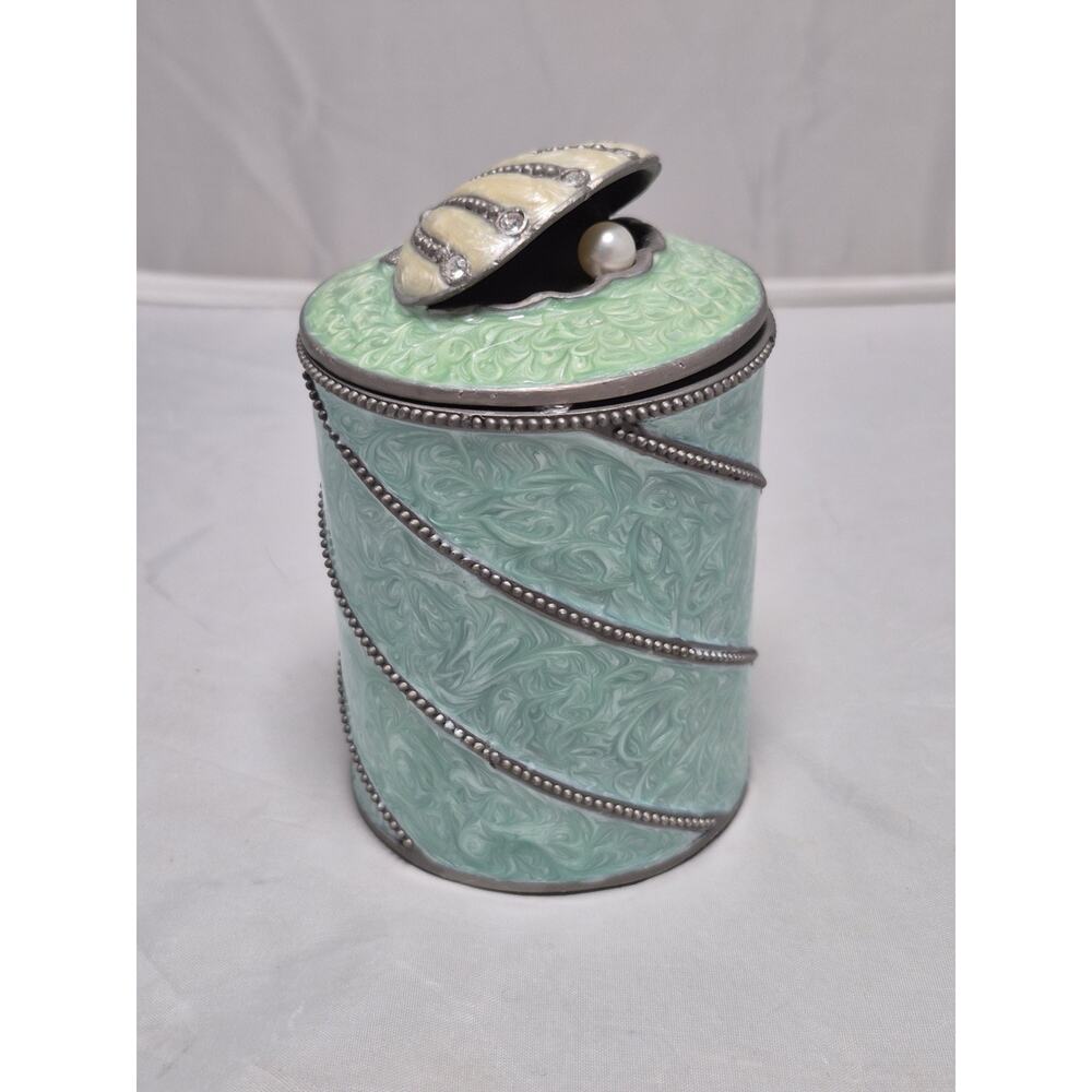 💥 VTG Green Enamel, Metal Rhinestone Clam Shell Pearl Candle Holder Trinket A1